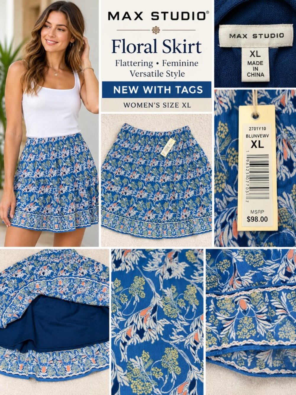 NWT Max Studio Floral Skirt Women’s XL Blue Tiered Boho Lined MSRP $98
